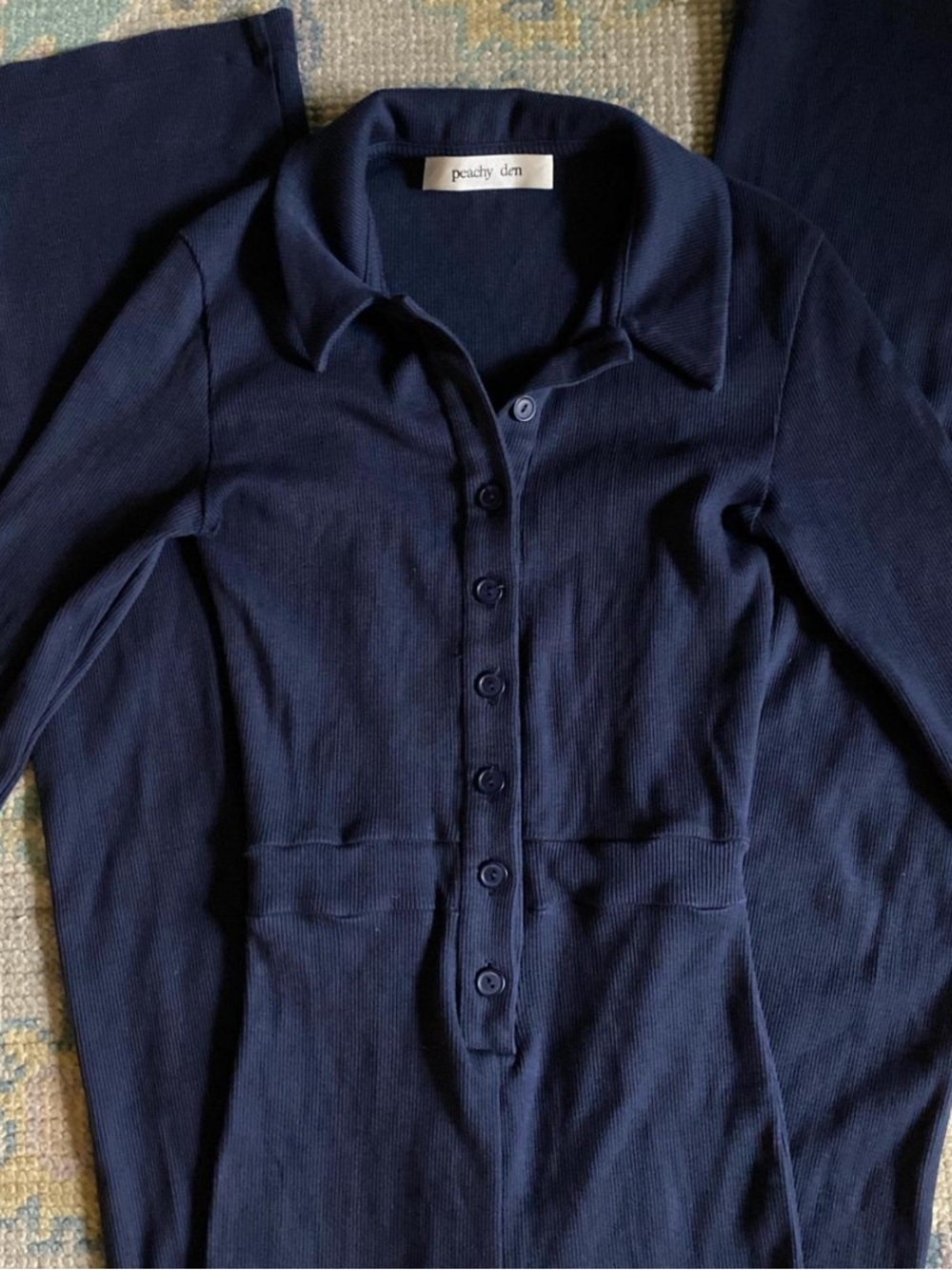 Peachy Den Navy Long-Sleeve Button-Front Jumpsuit